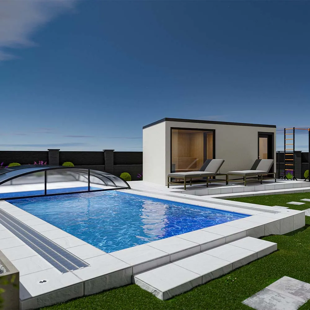 3D vizualizace – zahrada s bazénem a saunou