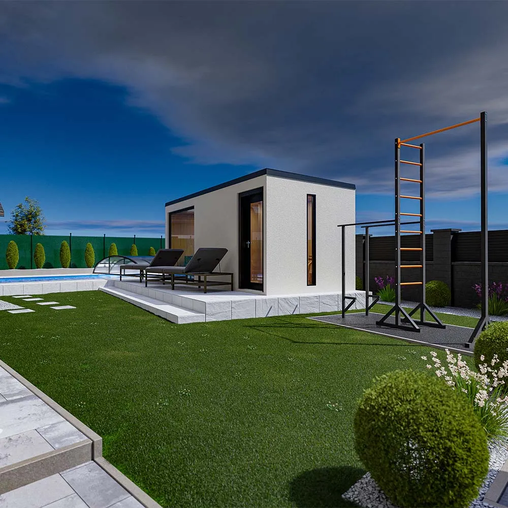 3D vizualizace – zahradní sauna ve dne